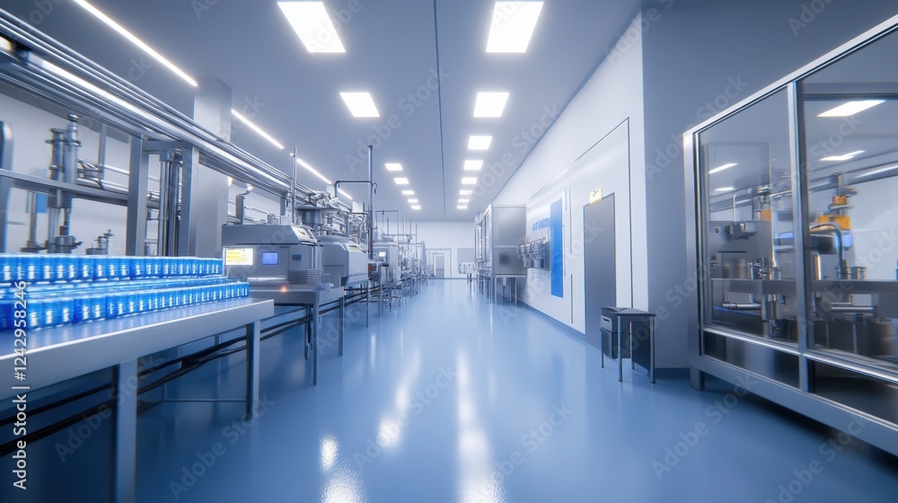 Food processing plant with automated machines producing packaged goods on production lines in a pristine environment Food processing plant with automated machines producing packaged goods on production lines in a pristine environment