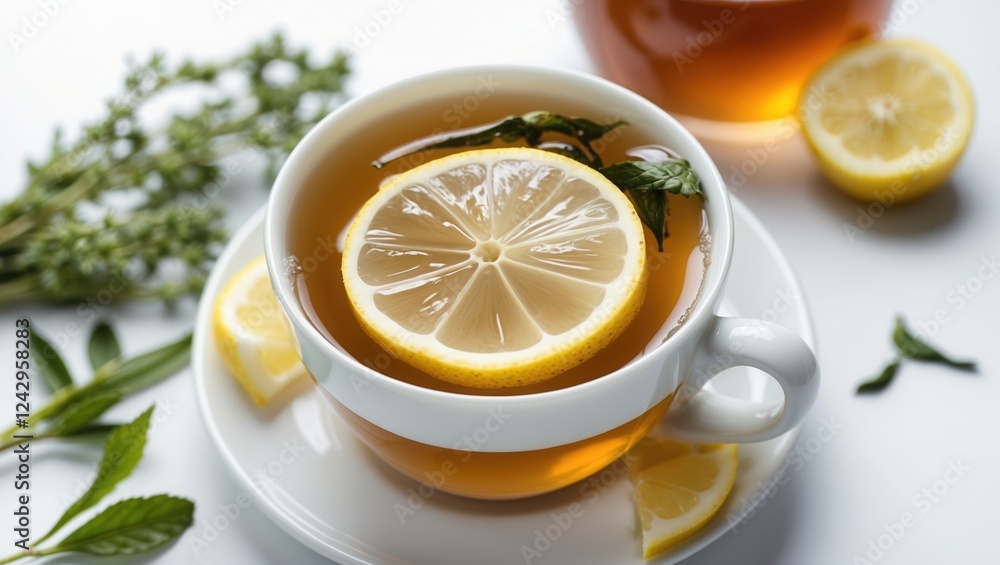 Warm herbal tea with lemon slices, mint leaves, and lemon wedges in white cup Warm herbal tea with lemon slices, mint leaves, and lemon wedges in white cup