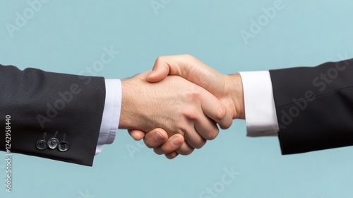 Businessmen shaking hands against a light blue background, signifying a deal or partnership