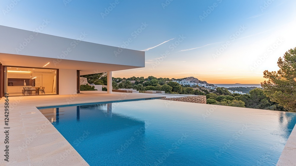 Fototapeta premium Modern White Villa with Infinity Pool at Sunset
