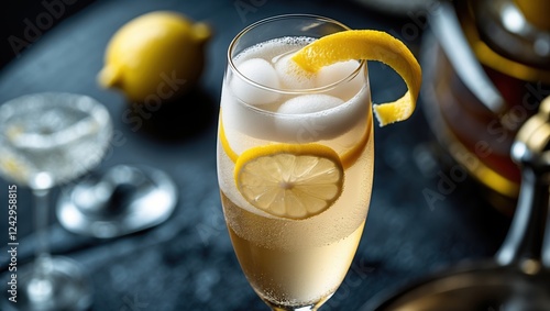 Chic cocktail glass with refreshing drink, lemon garnish, and icy backdrop. photo