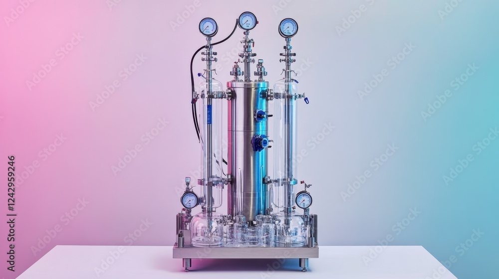 Fototapeta premium Industrial chemical mixing machine with multiple pipes and gauges, all in a modern chemical plant setting with a colored background