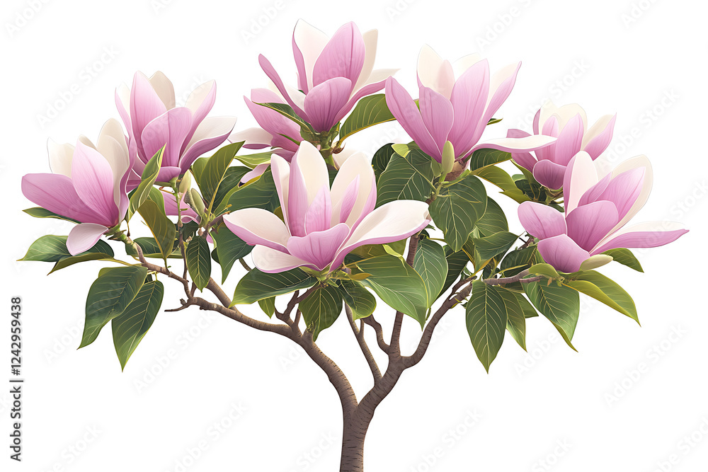 Obraz premium Graceful Pink Magnolia Tree Full Bloom with Lush Green Leaves in Spring