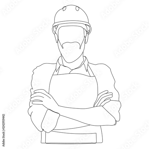 1Dessin en ligne continue d'un ouvrier portant un casque de sécurité, travailleur du bâtiment, line art, vecteur photo