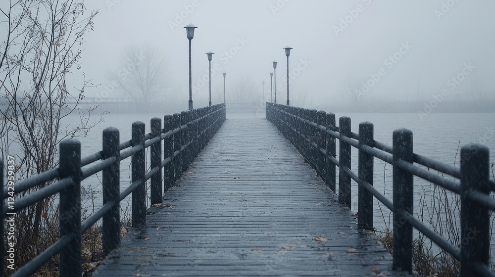 Foggy pier extending over lake, autumn leaves, calm water Foggy pier extending over lake, autumn leaves, calm water