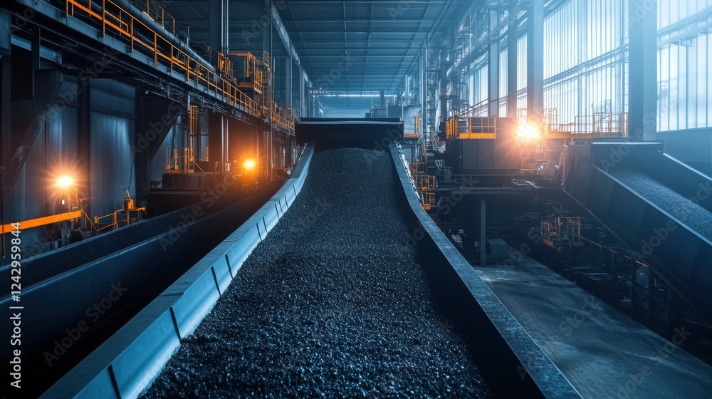 Obraz premium Large conveyor belts transporting coal inside a power generation facility