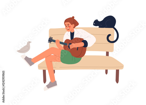 Street musician plays guitar on bench in park. Guitarist performs with string instrument and sings song. Music performance of teen girl outdoors. Flat isolated vector illustration on white background