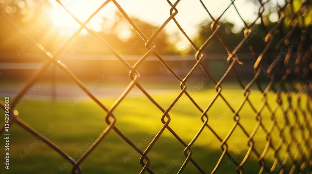 Fototapeta premium Golden Hour Through the Fence: A Captivating View of a Lush Green Field Bathed in the Warm Glow of Sunset