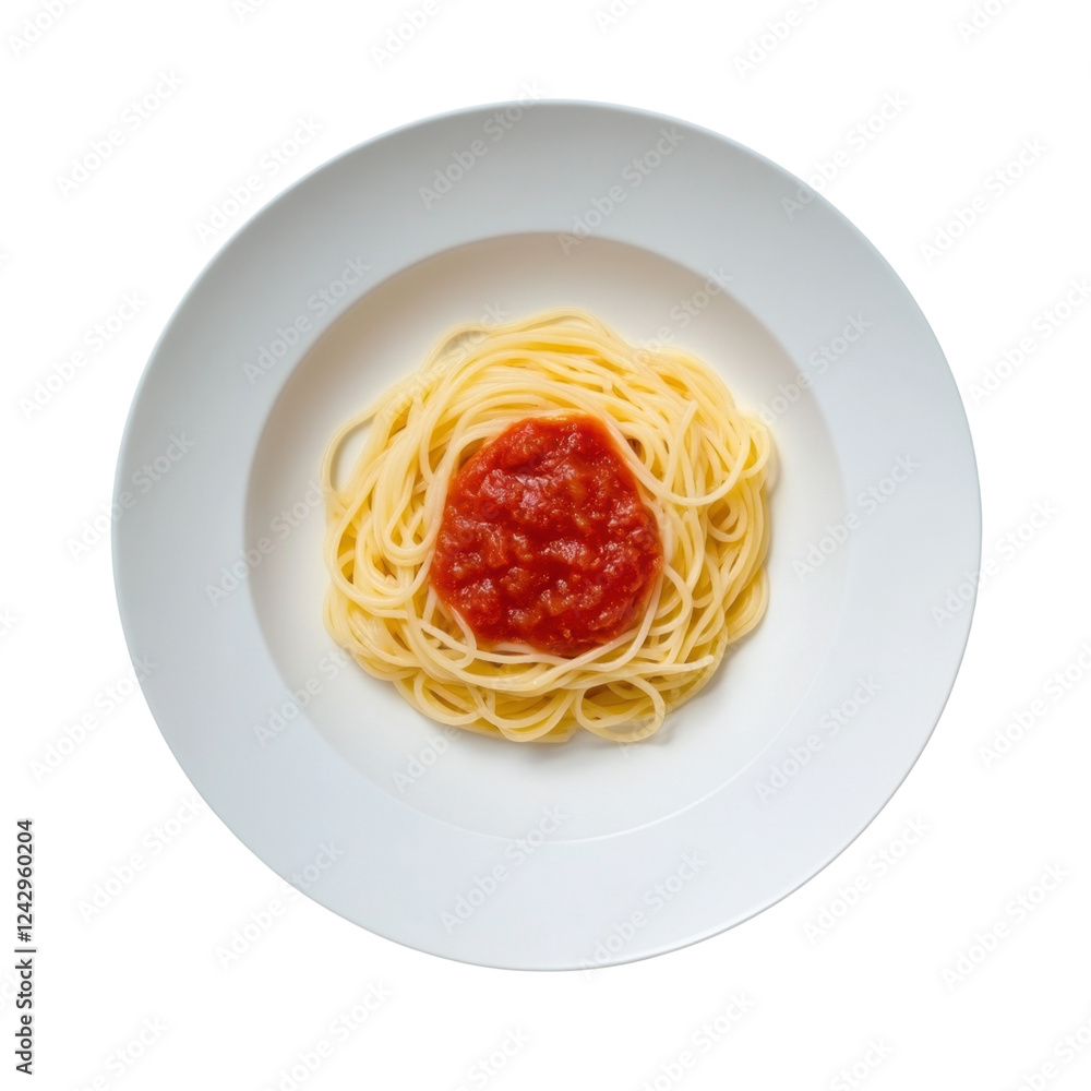 Fresh Spaghetti Noodles with Rich Red Tomato Sauce on White Plate