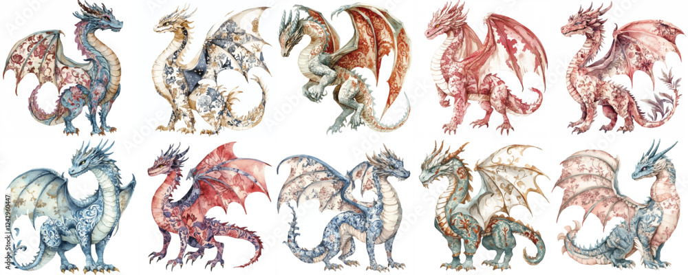 Chinoiserie Dragon Set Clipart Vector Illustration – Elegant Oriental Dragons in Traditional Art Style Chinoiserie Dragon Set Clipart Vector Illustration – Elegant Oriental Dragons in Traditional Art Style