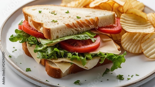 Fresh veggie sandwich with chips and herbs photo