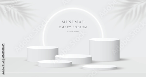 3D white round podium set background with light and shadow. Abstract geometric composition in minimalist design. 3D studio display showroom product pedestal, Fashion stage showcase mockup scene.