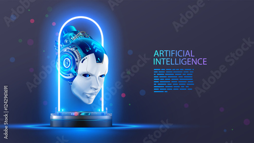 AI or artificial intelligence in image ai robot head hover over podium in virtual cyberspace. Humanoid face of ai cyborg with electronic brain or mind. Artificial neural network computer on podium.