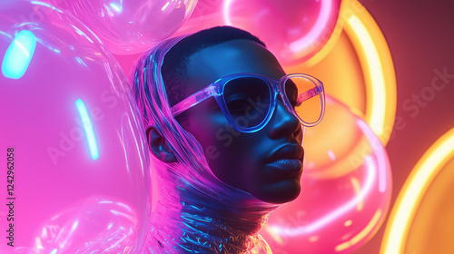 Fashionable Man in Pastel Bubble Wrap, Runway Pose, Vibrant Background, Generative AI photo