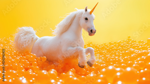 Fantasy White Unicorn Horse Stomping on Orange Boba Bubble Floor, Generative AI photo