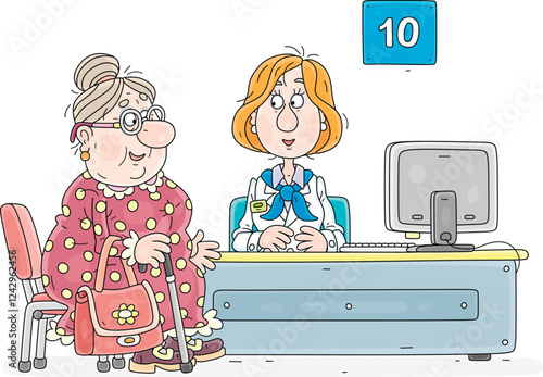 Funny grandma visiting an office of a pension fund and talking to an employee about details of her account, vector cartoon illustration on a white background