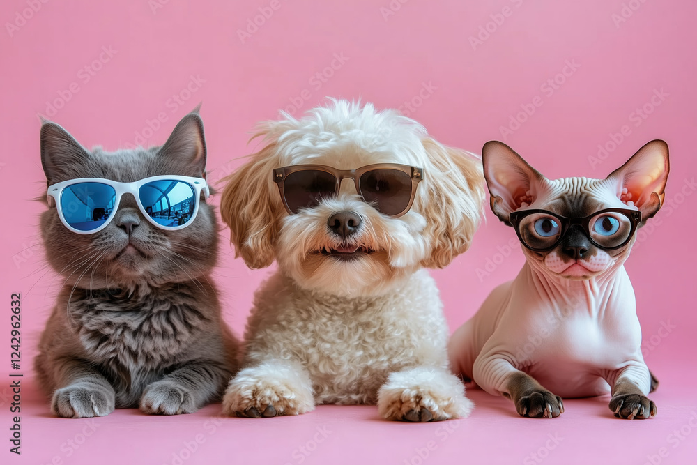 Fototapeta premium Fun Disco Party with Dogs and Cats in Sunglasses, Pink Background, Generative AI