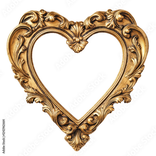 Ornate Vintage Gold Heart-Shaped Picture Frame Isolated on White