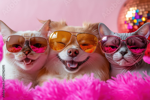 Sphynx Cat and Corgi Dog Wearing Sunglasses, Disco Vibes, Generative AI photo