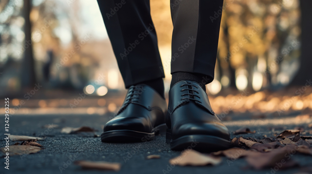 man wearing black Derby shoes stands leaf strewn path, surrounded by autumn foliage. scene captures elegance of shoes against backdrop of serene fall setting, highlighting contrast between