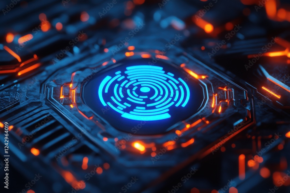 Futuristic Circuit Board with Illuminated Blue and Orange Patterns Futuristic Circuit Board with Illuminated Blue and Orange Patterns