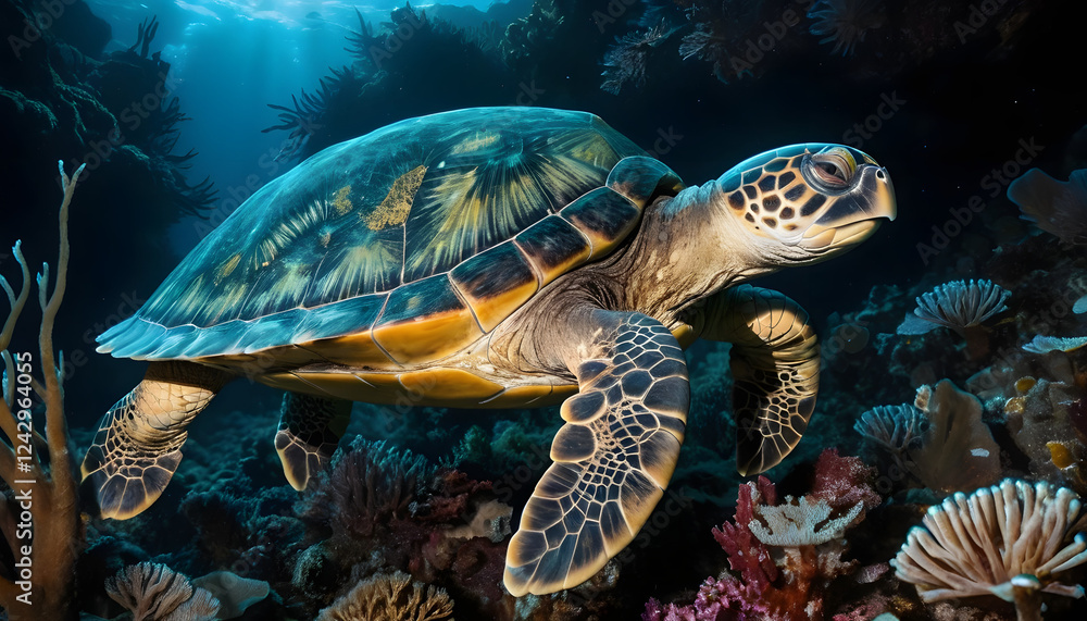 Fototapeta premium Sea turtle swimming gracefully in vibrant coral reef underwater landscape 