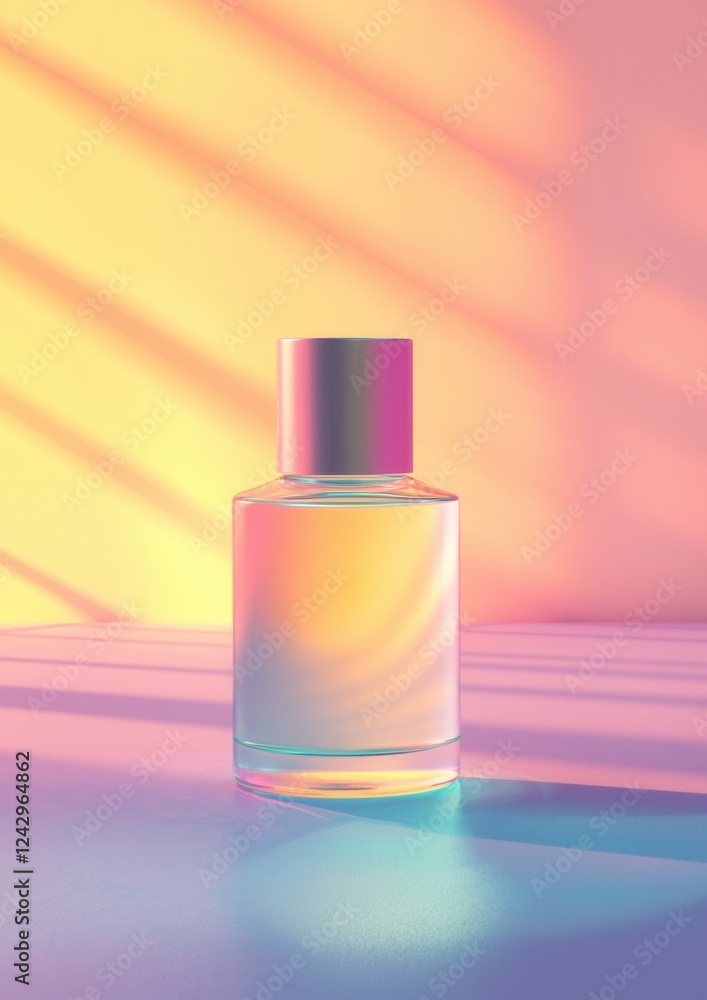 3d rendering of a perfume bottle. the bottle is made of glass and has a cylindrical shape with a pink cap. the body of the bottle is transparent, allowing the light to shine through. 3d rendering of a perfume bottle. the bottle is made of glass and has a cylindrical shape with a pink cap. the body of the bottle is transparent, allowing the light to shine through.