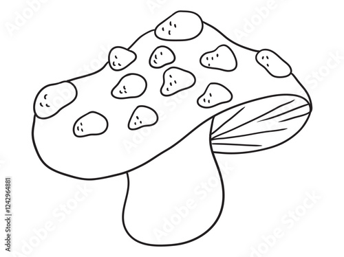 Beautiful hand-drawn mushroom illustration in black and white, ideal for coloring books. Detailed line art, perfect for kids and adults who love nature and creativity