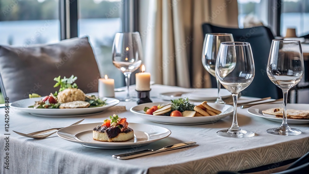 A beautifully set dining table with a variety of gourmet dishes, wine glasses and candles A beautifully set dining table with a variety of gourmet dishes, wine glasses and candles