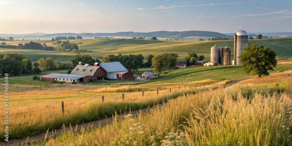 Panoramic view of a farm landscape with barns and silos, panoramic view, rolling hills Panoramic view of a farm landscape with barns and silos, panoramic view, rolling hills