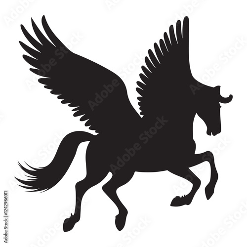 Pegasus silhouette soaring through the sky with a white background. The Pegasus has its wings spread wide open, and it is galloping gracefully. The sky