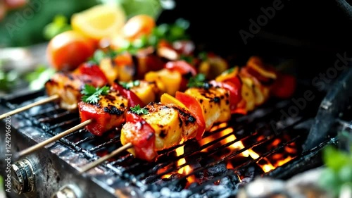Delicious Grilled Vegetable and Chicken Skewers with Smoky Flames and Fresh Ingredients