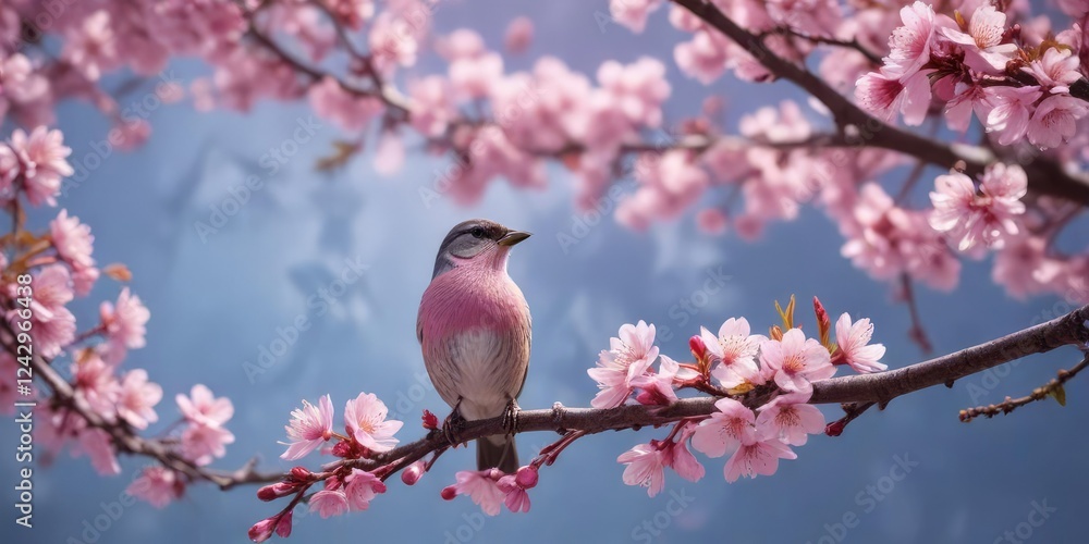 Pink cherry blossoms with a small bird perched on top, bird of prey , garden, tree Pink cherry blossoms with a small bird perched on top, bird of prey , garden, tree
