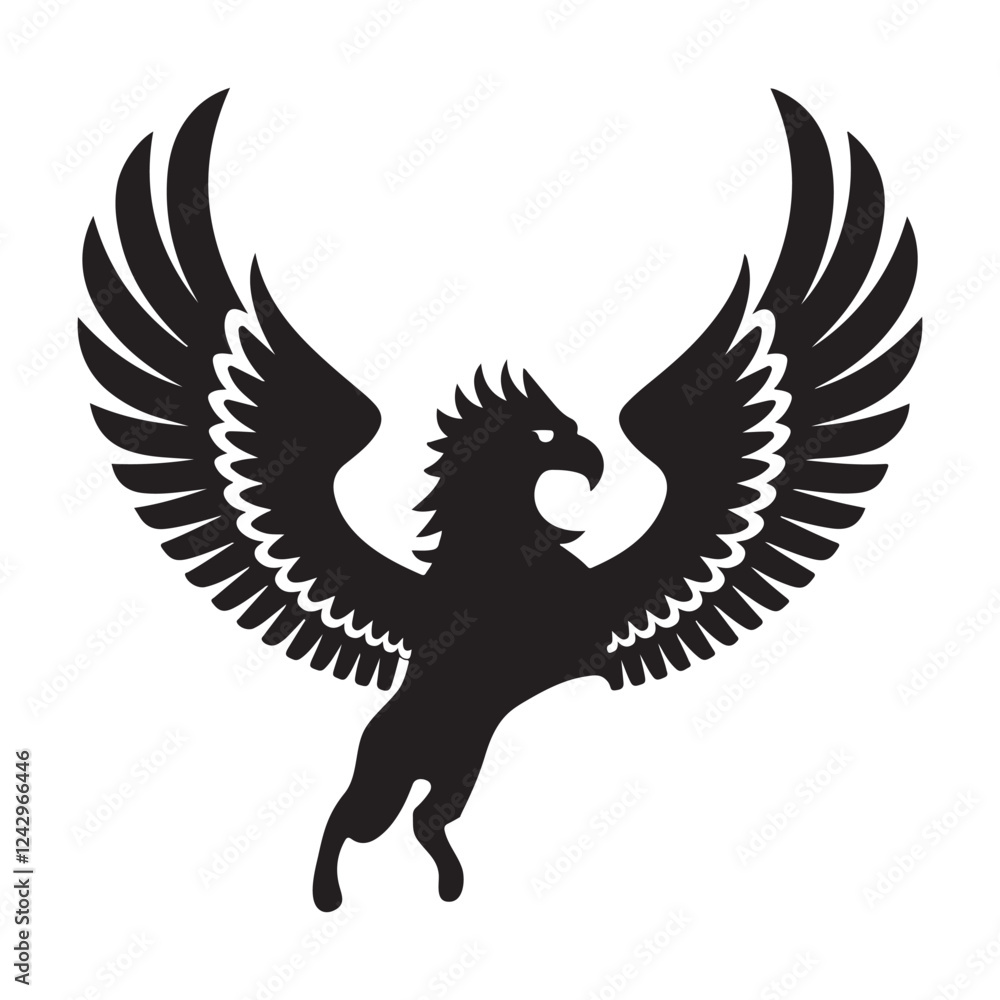 Fototapeta premium Pegasus silhouette soaring through the sky with a white background. The Pegasus has its wings spread wide open, and it is galloping gracefully. The sky