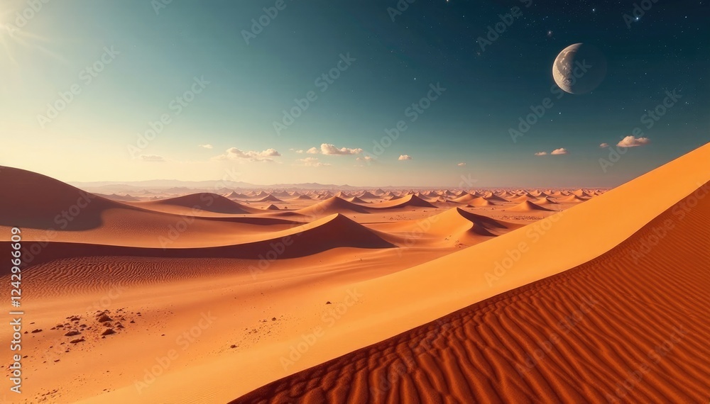 Naklejka premium Planetary surface with vast deserts and sandy dunes, terrain, dune, geology