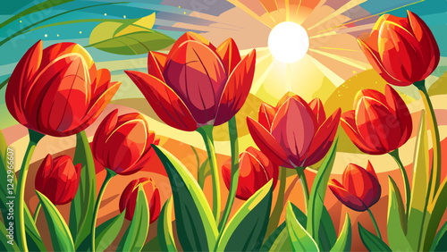 A charming bunch of red tulips lit by the sun presents a lovely glow ideal for a copy space image