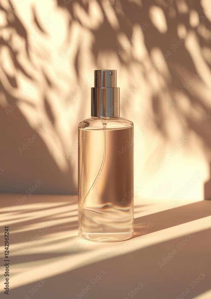 3d rendering of a perfume bottle. the bottle is made of transparent glass and has a silver spray nozzle on top. it is placed on a white surface with a shadow of a tree on the wall behind it. 3d rendering of a perfume bottle. the bottle is made of transparent glass and has a silver spray nozzle on top. it is placed on a white surface with a shadow of a tree on the wall behind it.