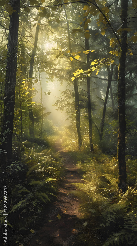 Fototapeta premium Ethereal Misty Morning in a Dense Forest Illuminated by Gentle Sunlight