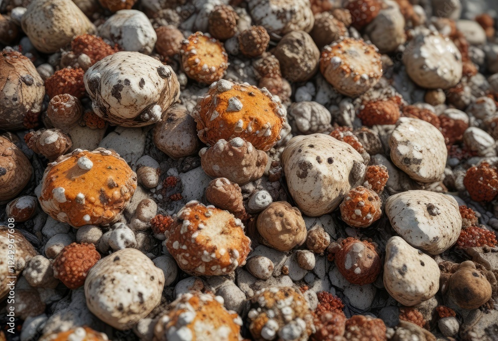 Rough, brown rock surface covered with clusters of barnacles , barnacles, crustaceans, natural habitat Rough, brown rock surface covered with clusters of barnacles , barnacles, crustaceans, natural habitat