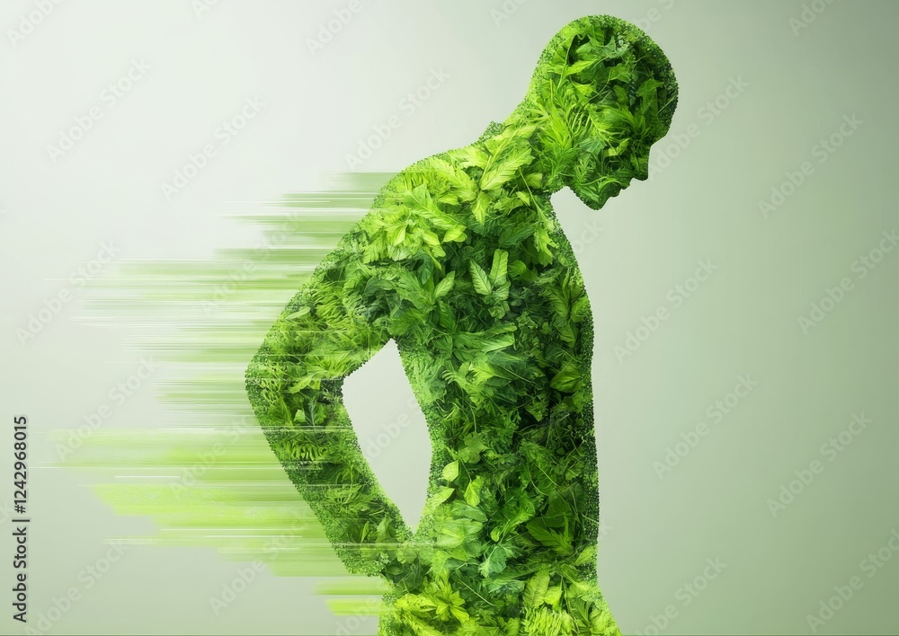 A silhouette of a human figure composed of green leaves, symbolizing nature, growth, and harmony, with a blurred effect suggesting movement and vitality. A silhouette of a human figure composed of green leaves, symbolizing nature, growth, and harmony, with a blurred effect suggesting movement and vitality.