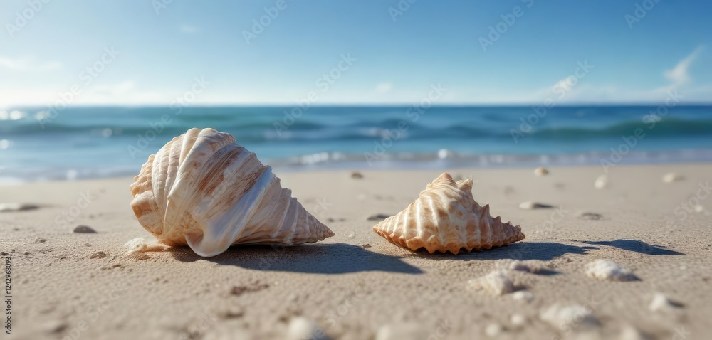 Seashell and ocean scene against a clear blue sky , blue, water, landscape Seashell and ocean scene against a clear blue sky , blue, water, landscape