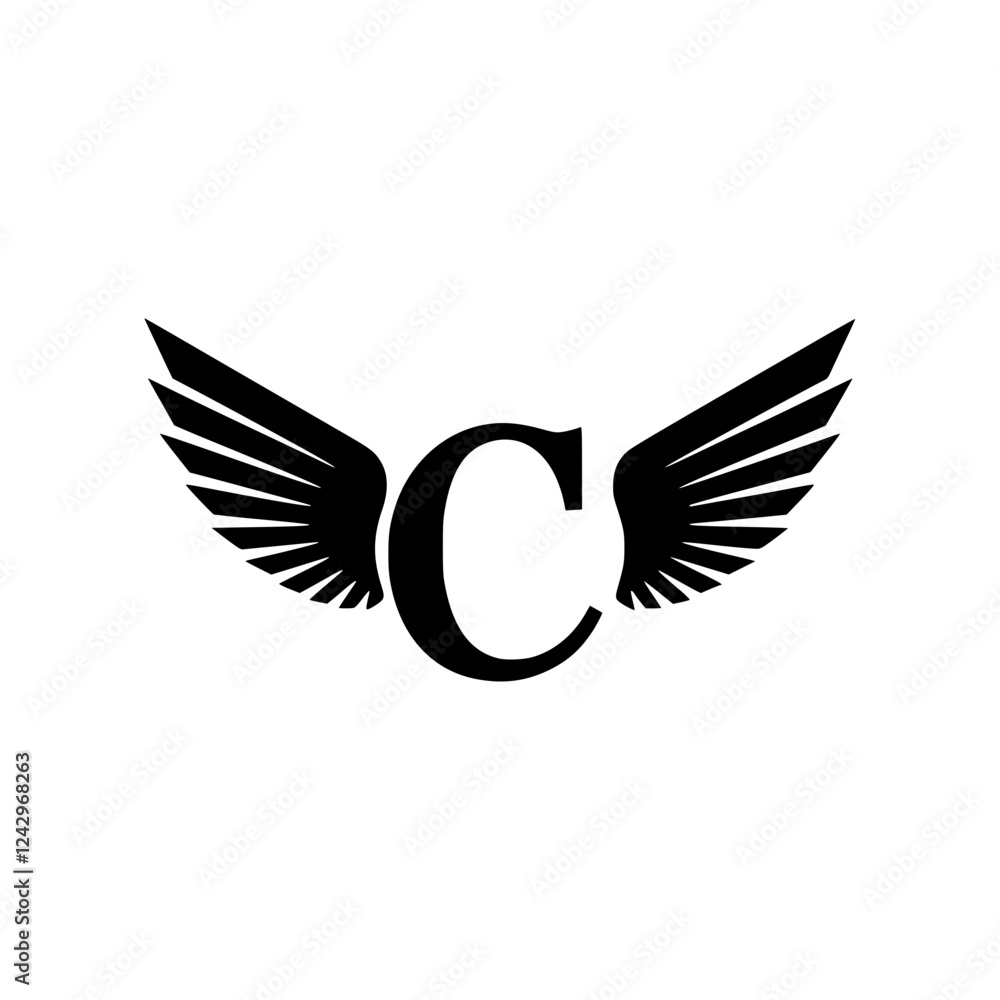 Obraz premium Winged Letter C Black Logo Design, Elegant black letter C with symmetrical wings, creating a modern and minimalist logo. Ideal for branding, aviation, business, or sports themes. 
