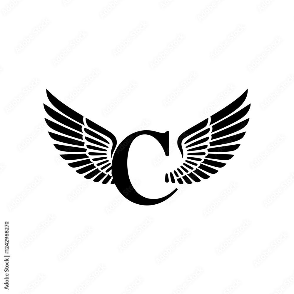 Obraz premium Winged Letter C Black Logo Design, Elegant black letter C with symmetrical wings, creating a modern and minimalist logo. Ideal for branding, aviation, business, or sports themes. 