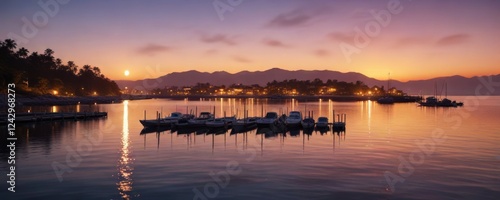 Serene bayside scene at dusk with warm moonlight casting a glow on the water, peaceful, bayside photo