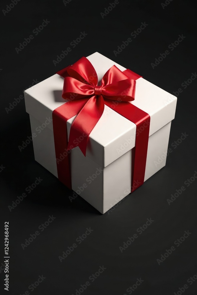 Shadow falls on a present box with red ribbon and bow on black background, red ribbon, wrap Shadow falls on a present box with red ribbon and bow on black background, red ribbon, wrap