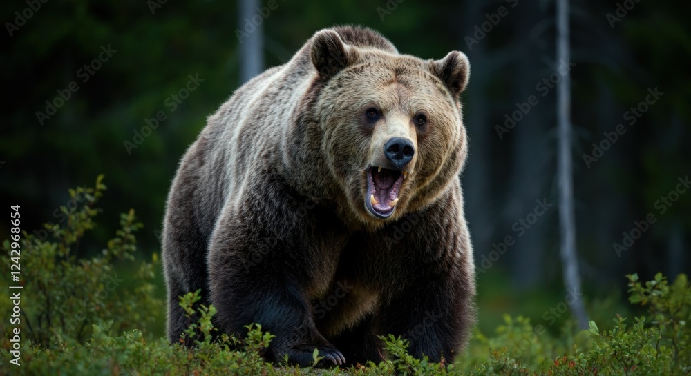 Powerful grizzly bear roaring in forest wilderness Powerful grizzly bear roaring in forest wilderness
