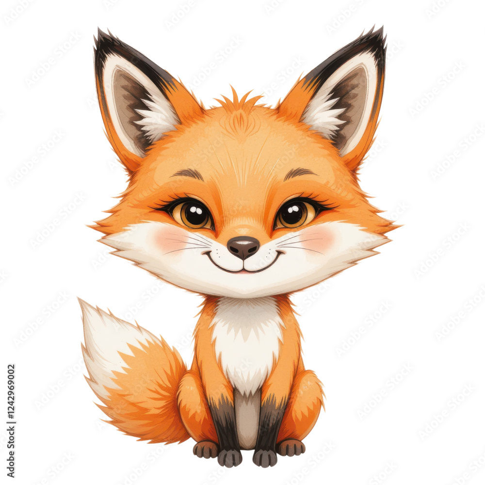 Obraz premium Cute Cartoon Fox with Fluffy Tail and Big Ears Sitting and Smiling Adorably on a White Background