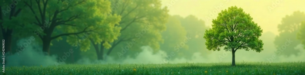 Obraz premium Single plane tree leaf on misty morning background, tree, mist, foliage