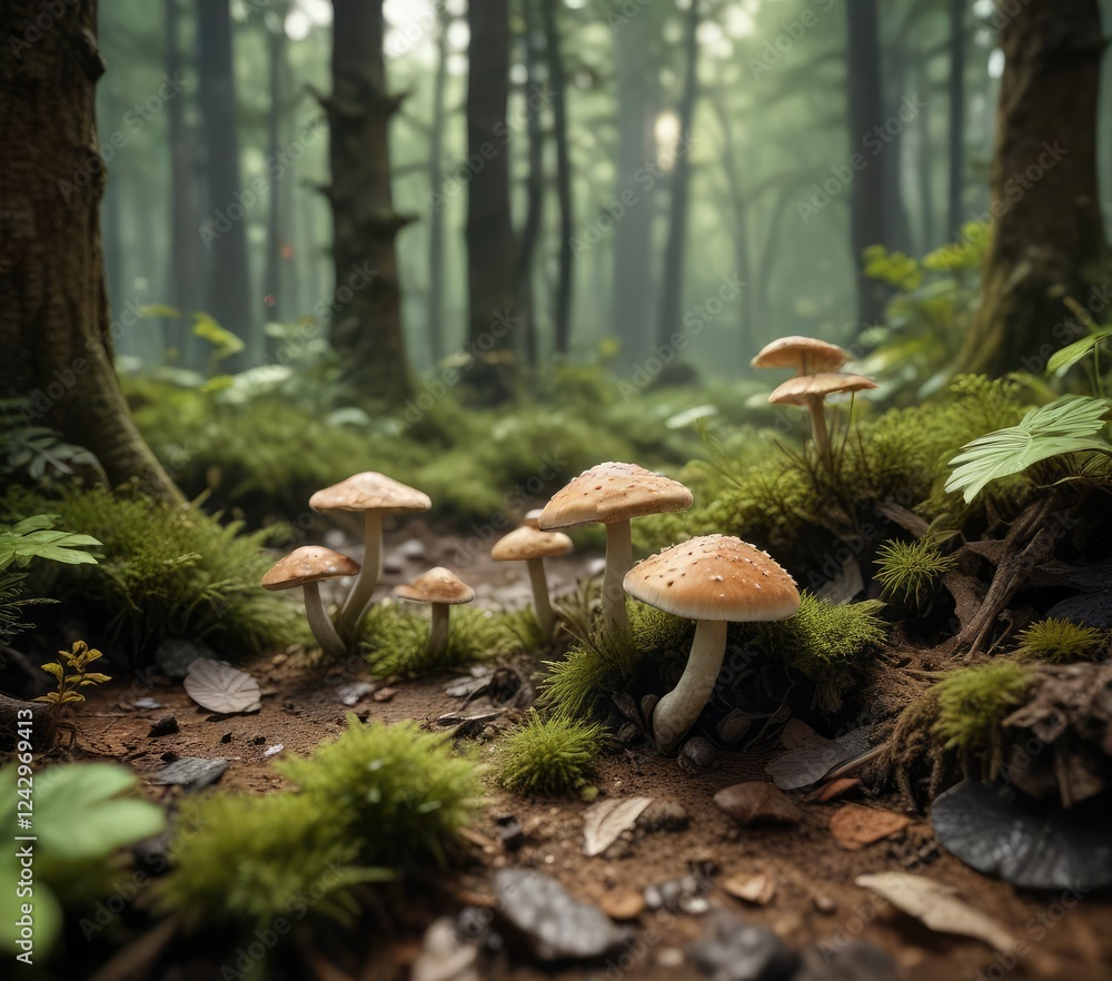 Fototapeta premium Small mushrooms growing in a forest floor ecosystem, grassy terrain, wildflowers