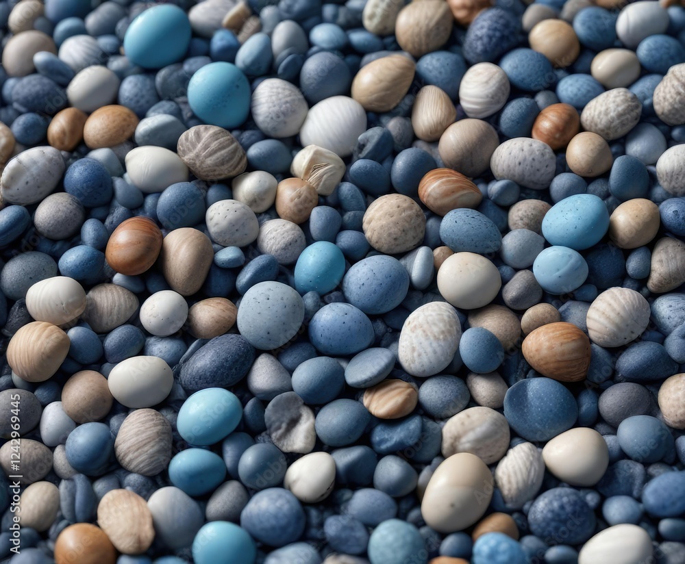 Small pebbles and shells in a gradient of blues, decorative stones, soothing hues, ocean-inspired scene Small pebbles and shells in a gradient of blues, decorative stones, soothing hues, ocean-inspired scene